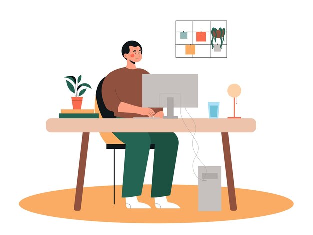 Vector freelancer op de werkplek jonge man die aan de computer zit afstand en externe werknemers online inkomsten werk thuis sjabloon en lay-out cartoon platte vector collectie geïsoleerd op witte achtergrond