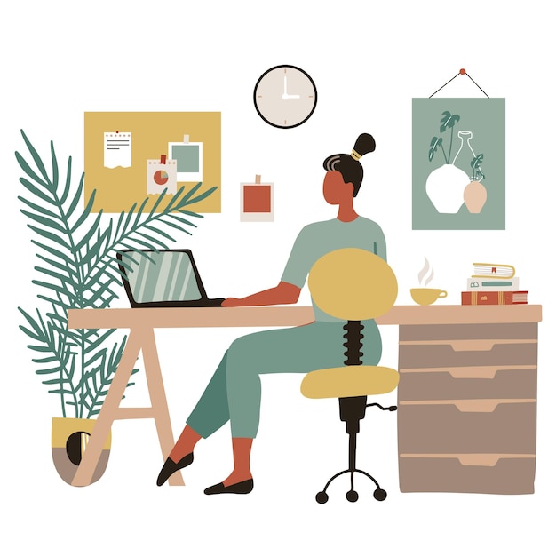 Vector freelancer sits at a desk and uses a laptop in a cozy room flat illustration in modern style