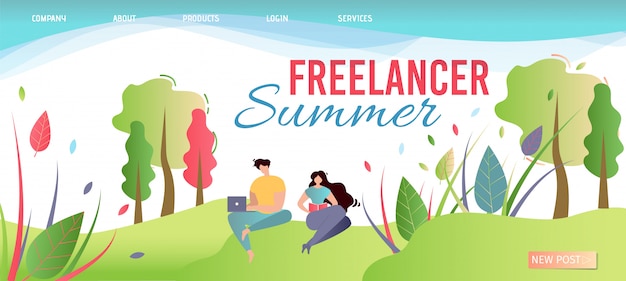 Вектор freelancer summer landing page. предлагаю работу где угодно.