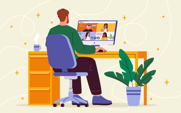 Freelancer thuis werken man zit op computer afstand werknemer werk op project videoconferentie