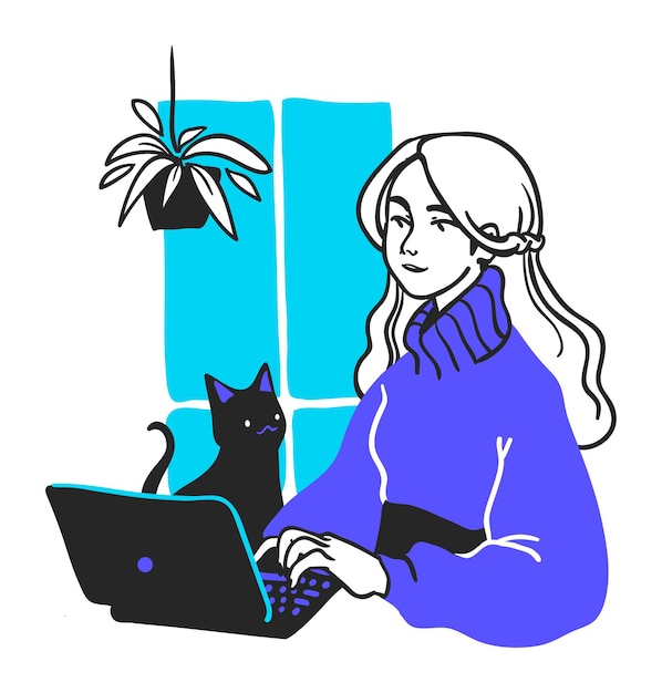 Freelancer vrouw met kat die thuis werkt