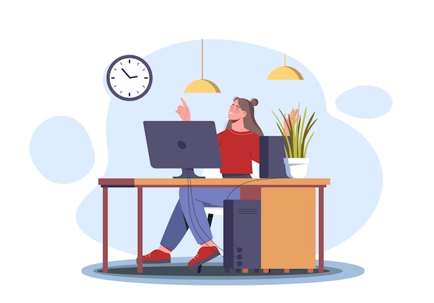 Freelancer werkt op afstand Vrouw met computer aan het bureau Remote werknemer met inkomsten op internet Meisje met online baan Poster of banner Platte vector illustratie