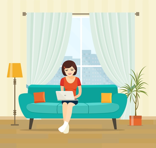 Vector freelancer woman with notebook on sofa at home vector flat illustration