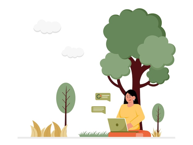 Freelancer Woman Working In Garden Illustration