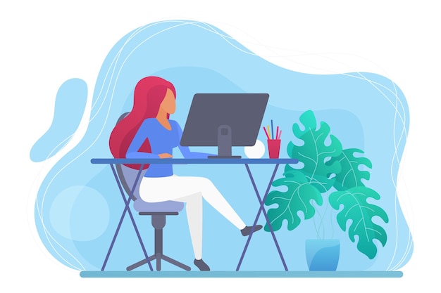 Vector freelancer woman working at home computer