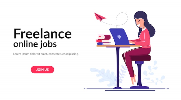 Freelancer worker concept. Online learning. A freelance girl does work from home or anywhere in the world.