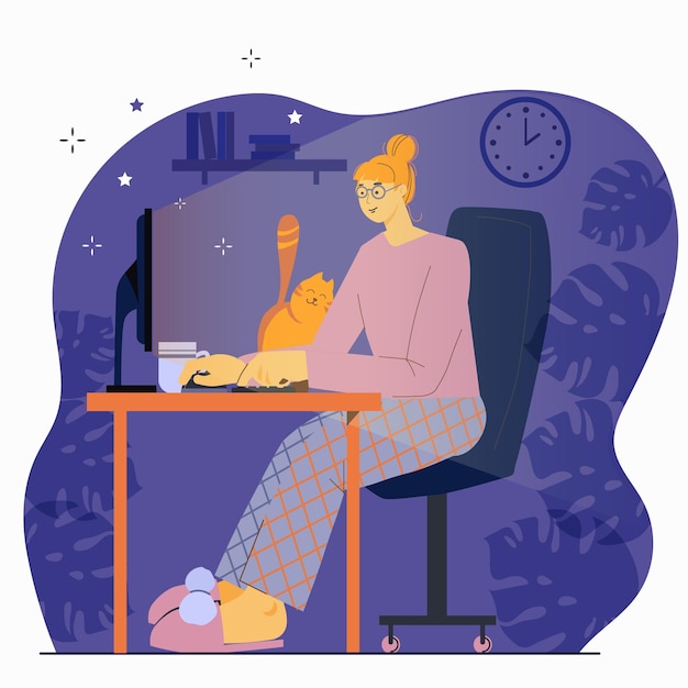 Фрилансер, работающий в ночное время, концепция женщина работает до ночи за своим столом у себя дома