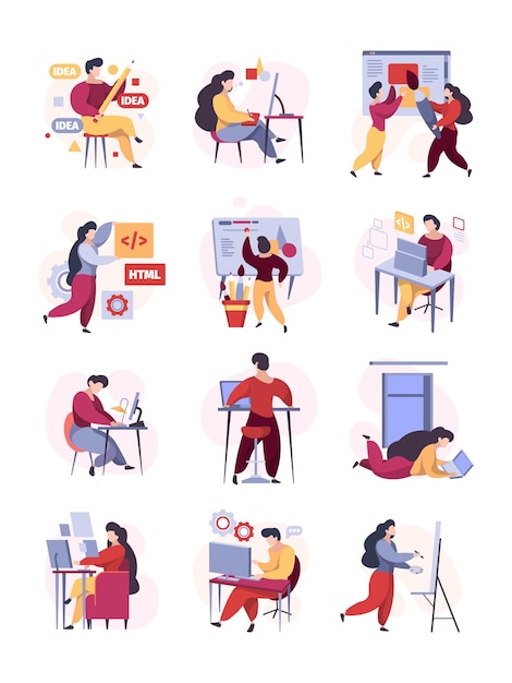 Vector freelancer working. comforting remote work characters sitting at home uses laptop smartphones and pc vector people. freelance workplace online, employee cartoon education outsourcing illustration