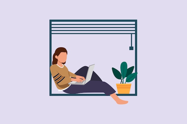 Freelancer working from home or beach at relaxed pace convenient workplace concept Colored flat vector illustration isolated