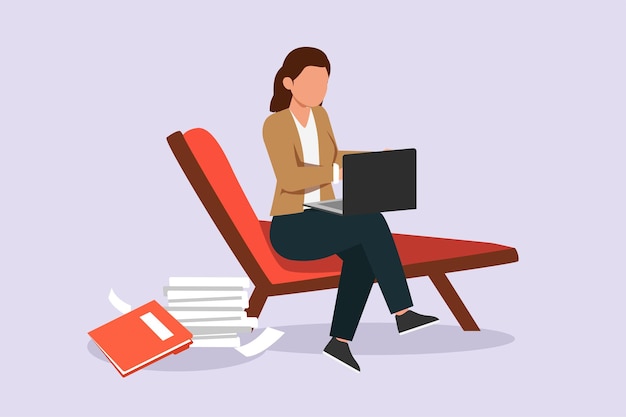 Freelancer working from home or beach at relaxed pace convenient workplace concept Colored flat vector illustration isolated