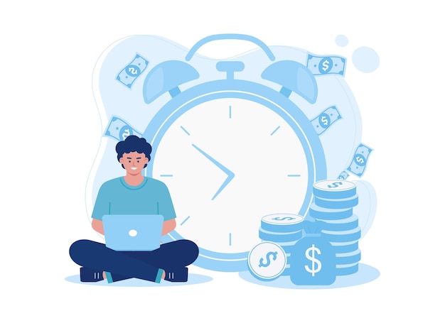 Freelancer working from home money falling on successful male trending concept flat illustration