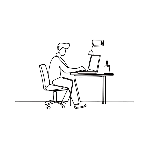 Freelancer working on laptop at home in continuous line drawing vector
