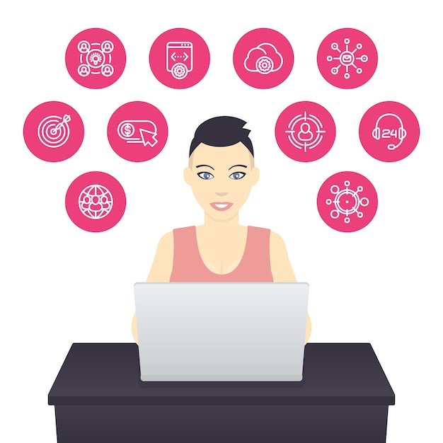 Freelancer working with laptop, girl with short haircut at work, e-commerce, internet marketing