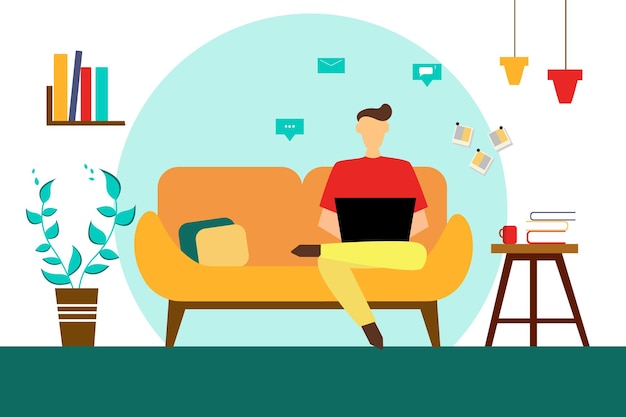 Freelancer working with laptop at home Vector illustration in flat style