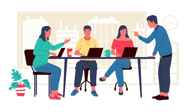 Freelancers at coworking cartoon people in office men and women working together with laptops teamwork on project or brainstorming modern workspace interior vector illustration