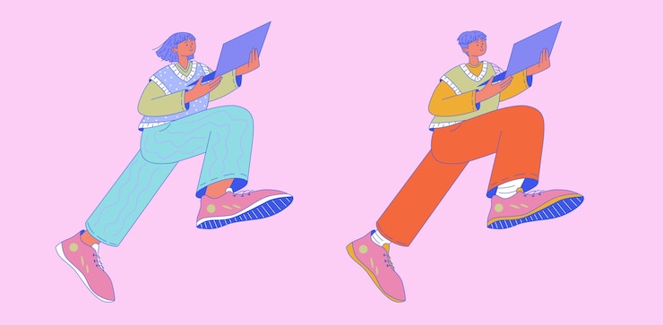 Vector freelancers with laptop in dynamic pose