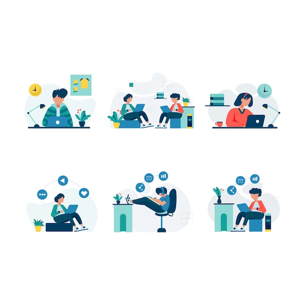 Vector freelancers work and discuss in coworking space illustration