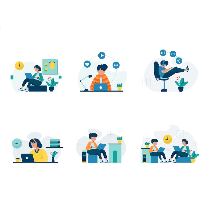 Vector freelancers work and discuss in coworking space scenes set