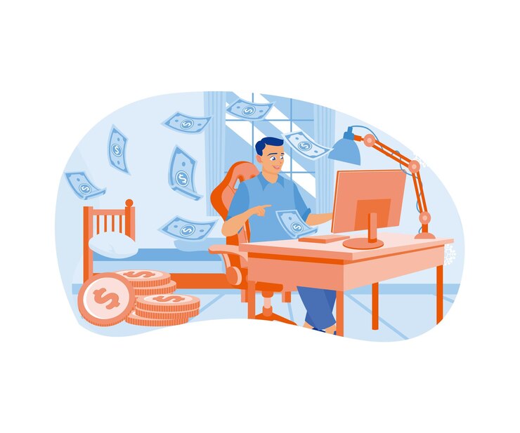 Vector 프리랜서들은 집에서 일해서 인터넷에서 돈을 벌고 돈을 벌는 개념 평평한 터 일러스트레이션