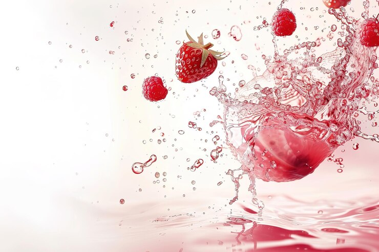 Vector freeze motion shot of fresh strawberries falling into water isolated on white background