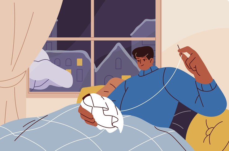 Vector freeze person in sweater warms up under checkered blanket does embroidery character sewing during cold weather at home people do hobby in leisure in winter frost flat vector illustration