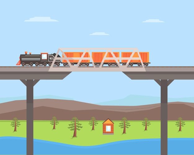 Freight train moving on the bridge rail transportation on summer mountain landscape vector