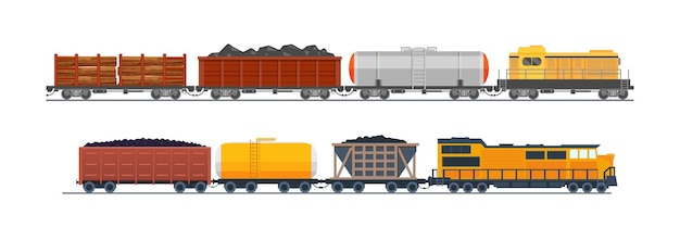 Вектор Грузовой поезд с вагонами, цистернами, грузовыми цистернами. железнодорожный локомотивный поезд с вагоном для нефти.