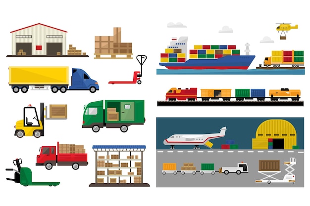 Freight transport set transportation and freight cargo shipping vector Illustrations isolated on a white background