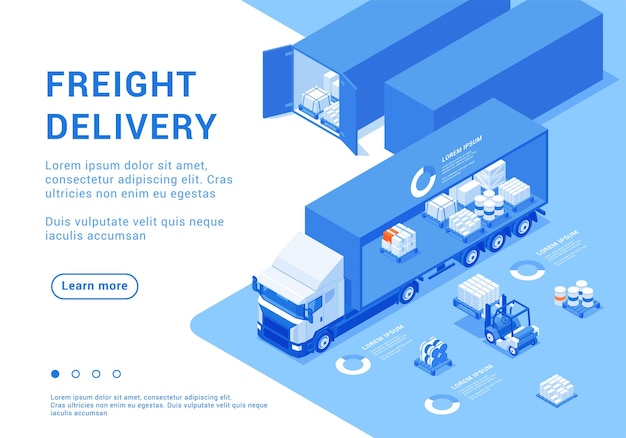 Vector freight unloading truck delivery logistic international service isometric landing page scheme vector