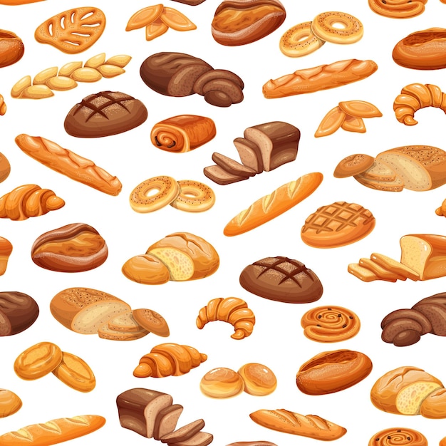 French bread bakery product seamless pattern, colored vector background. Bake roll, pastry and slices breads. Tabatiere, epi baguette, bagel, pain au levain, petits pains and ets.