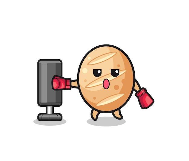French bread boxer cartoon doing training with punching bag