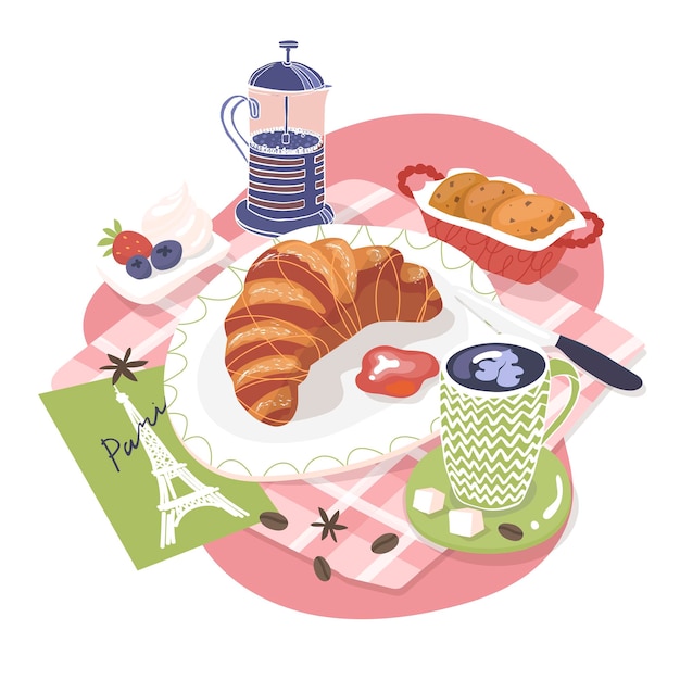 Vector french breakfast croissant berries cookies and coffee gam french press beans card eiffel tower