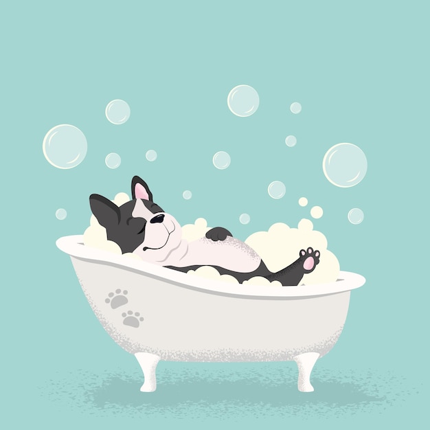 Vector french bulldog cartoon character taking a bath in the bath vector line icon