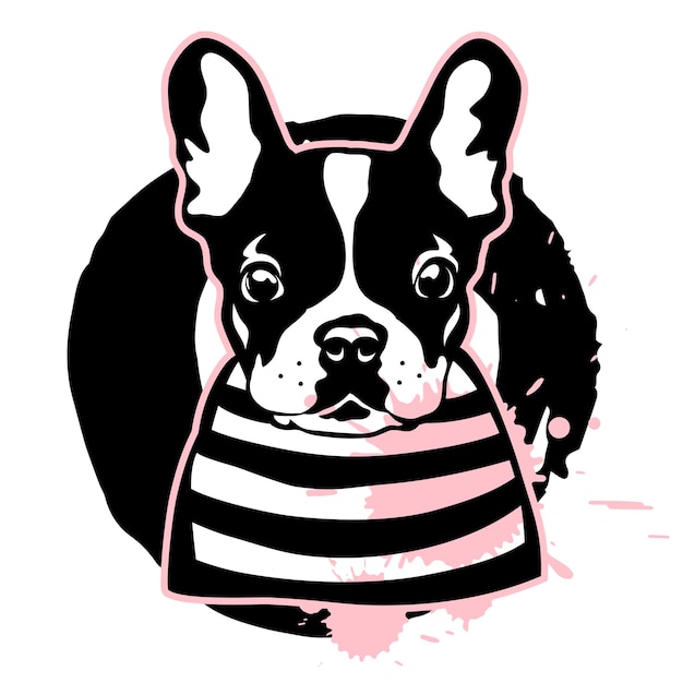 Vector french bulldog. cute black and white dog in a striped sweater. vector illustration