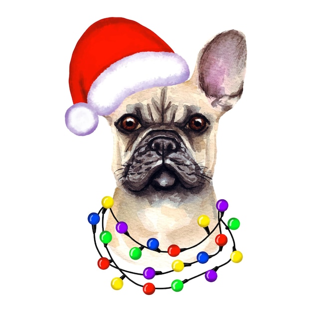 Vettore bulldog francese cane con luci di natale nel cappello di babbo natale. illustrazione sveglia del cucciolo di natale.