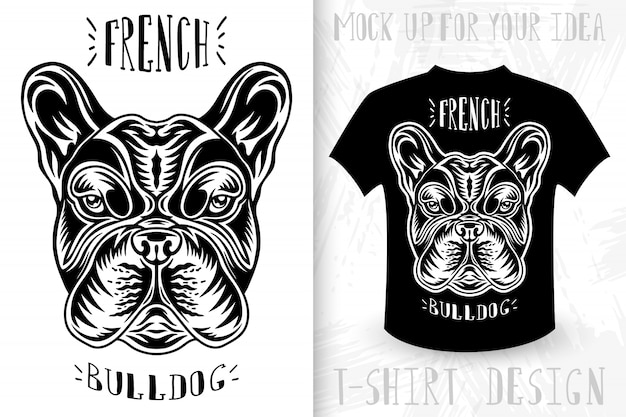 Vector french bulldog face.  t-shirt print in vintage monochrome style.