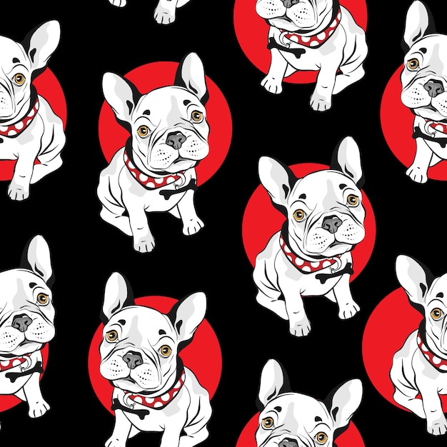 Vector french bulldog seamless pattern on white background. vector illustration. hand drawn funny dogs with blue eyes.