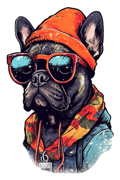 French Bulldog in Streetstyle Hat and Sunglasses Watercolor