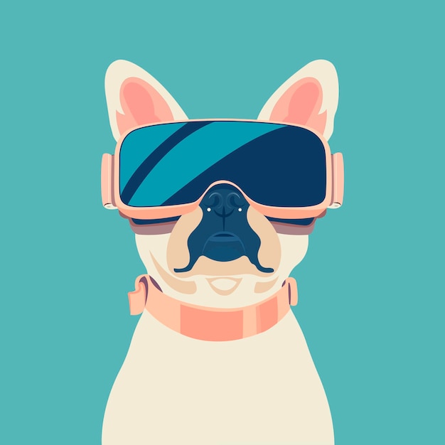 Vector french bulldog in vr glasses solid blue background