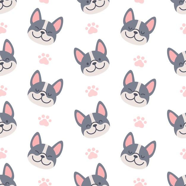 Vector french bulldog with footprint seamless pattern