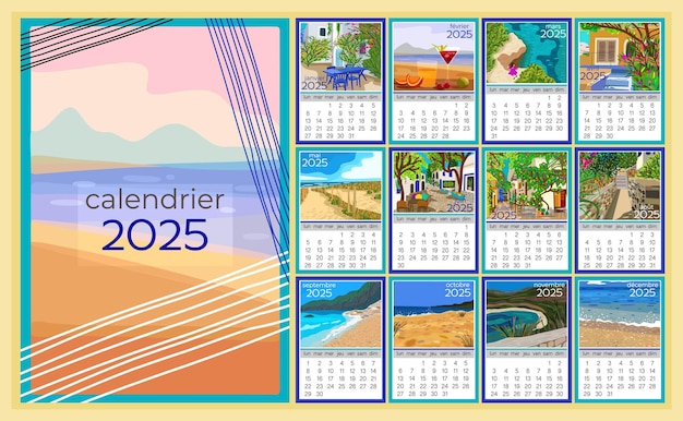 Французский календарь 2025 красочный ежемесячный календарь с различными южными пейзажами неделя начинается в понедельник