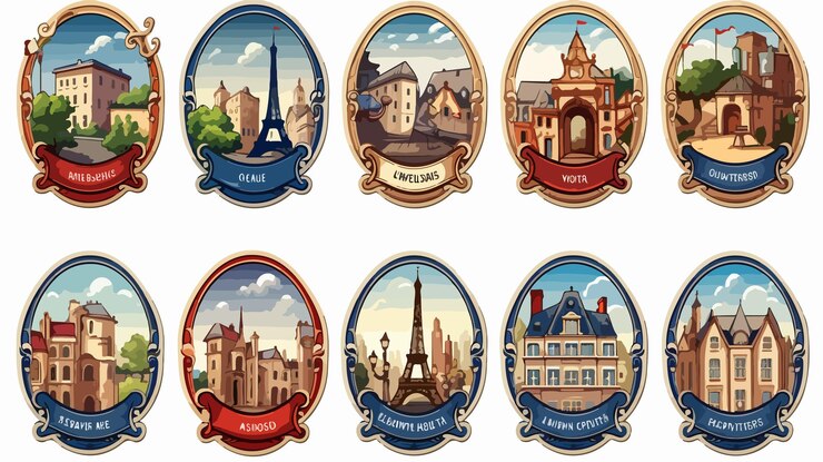 Vector french cartoon labels collection vector illustration