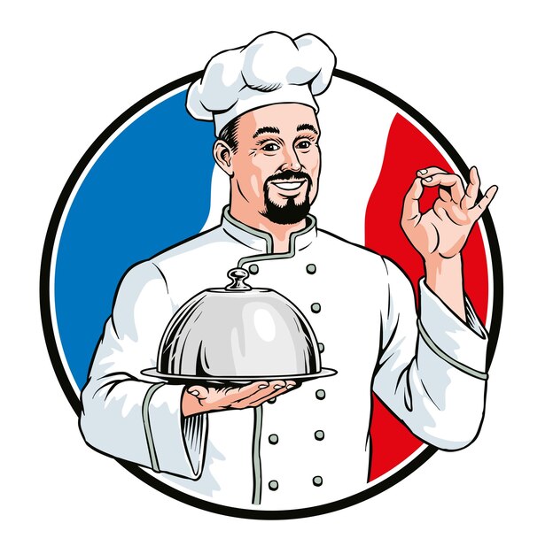 Vettore chef francese che serve un piatto d'argento cuoco con una cloche illustrazione vettoriale in stile fumetto