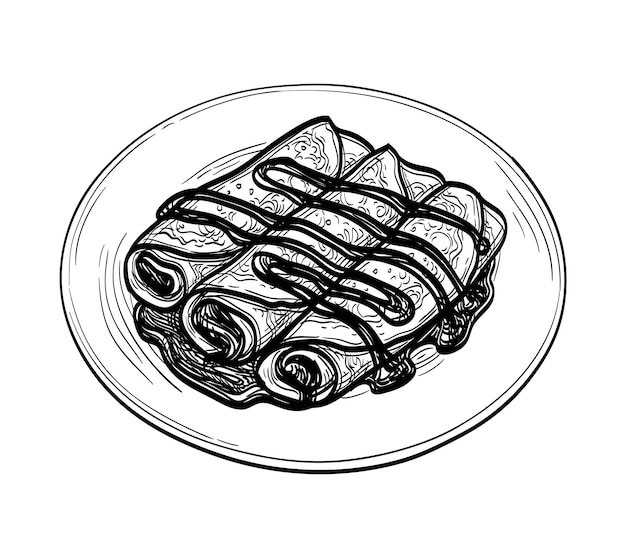 Crepes francesi o blinis russi con ripieno di crema al cioccolato schizzo con inchiostro illustrazione disegnata a mano