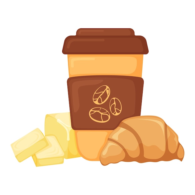 French croissant with coffee cup, breakfast butter bakery product icon, concept cartoon organic beverage food vector illustration, isolated on white. High calorie creamery flour bake food.