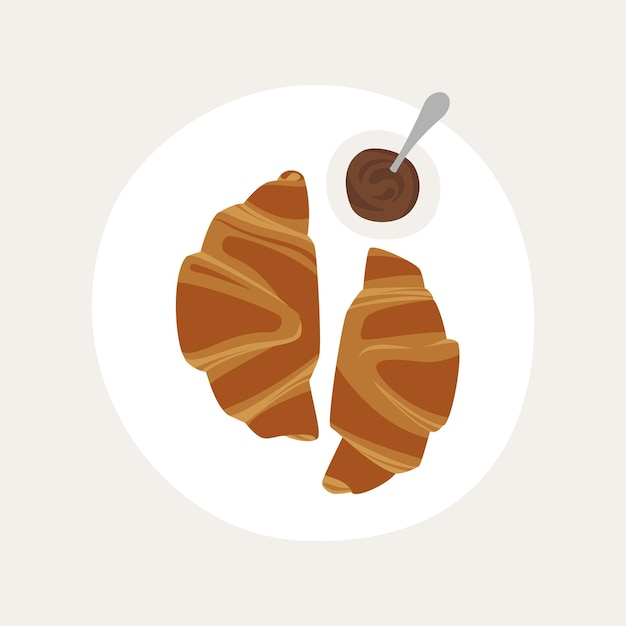 Cornetti francesi su un piatto con pasta di cioccolato. colazione tradizionale francese. prodotti da forno francesi. illustrazione vettoriale. dessert gustoso