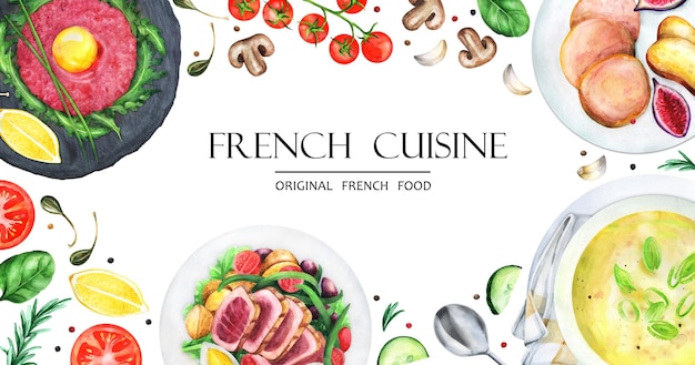 Vector french cuisine banner set of french dishes watercolor