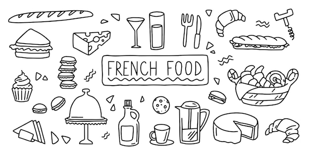 French cuisine food line simple doodle outline style vector stock black and white illustration