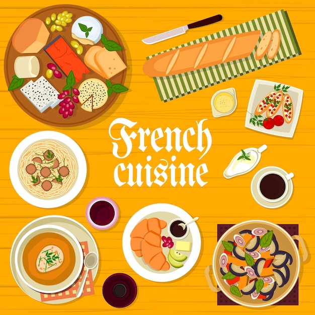 Vector french cuisine menu cover with breakfast dishes