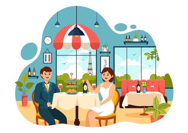 Vector french cuisine restaurant illustration with various traditional or national food dish of france